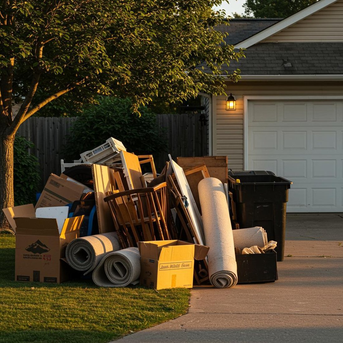 Pile of old furniture, boxes and rolled carpet set out at the end of a driveway for pickup